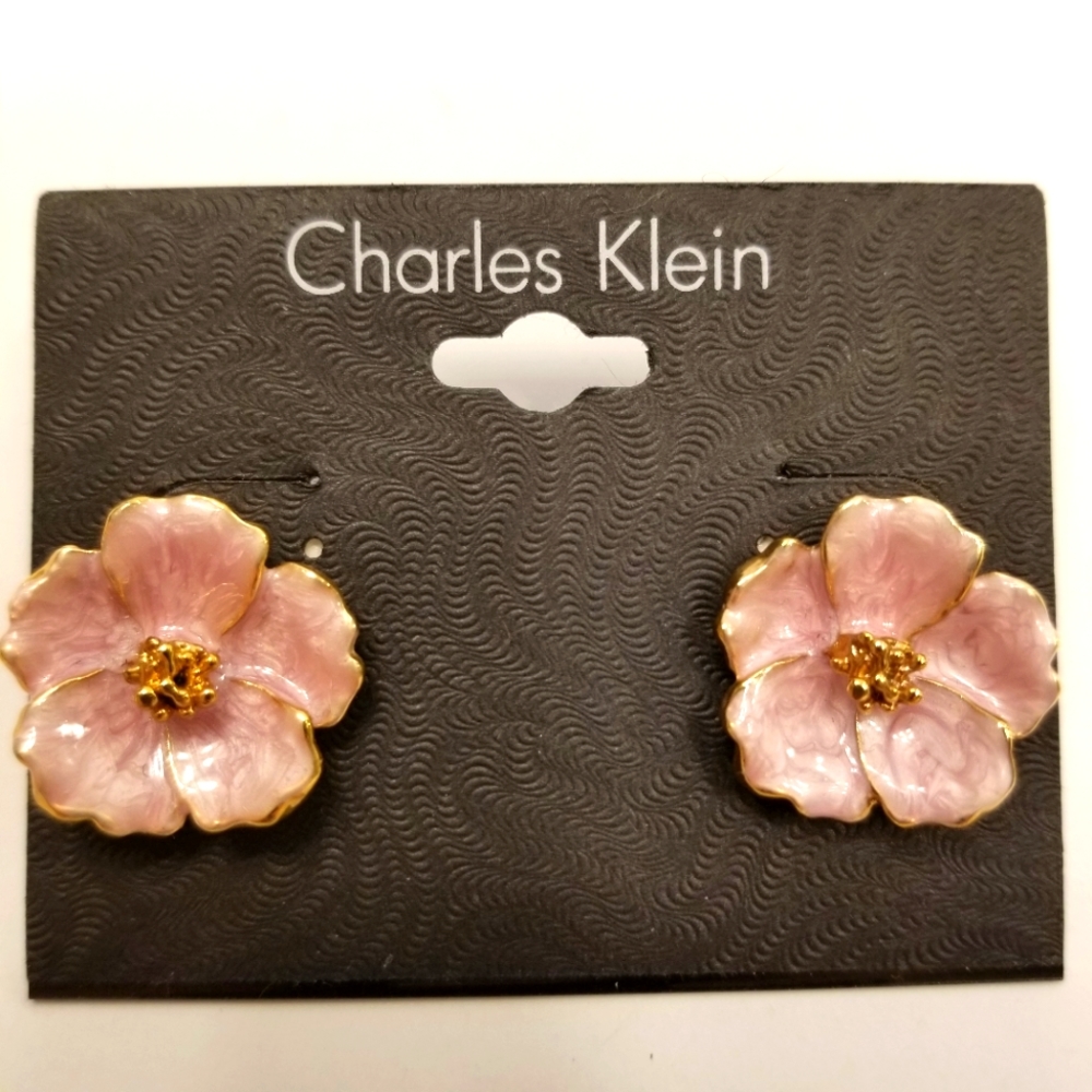 ✅969CK NEW Charles Klein Gold-Tone & Pink Enamel Post Earrings Gorgeous feminine